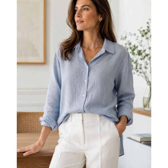 Tops - Real Clothes Saks Fifth Avenue 100% Linen Button Up Shirt Blue Women's Size 10